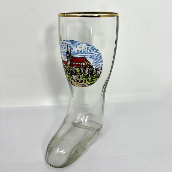 October Fest Liquor Beer Boot GLASS Cup Augsburg Pressed Clear Collect RARE VTG - Picture 1 of 12